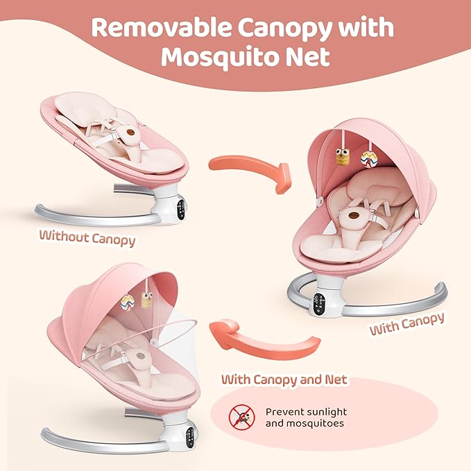 Baby Swing for Infants - Electric Baby Rocker with Exclusive App Function, Upgraded 5 Point Harness, Bluetooth Support, 10 Preset Lullabies and 5 Speeds, Portable Swing for Baby Boy Girl（Pink）