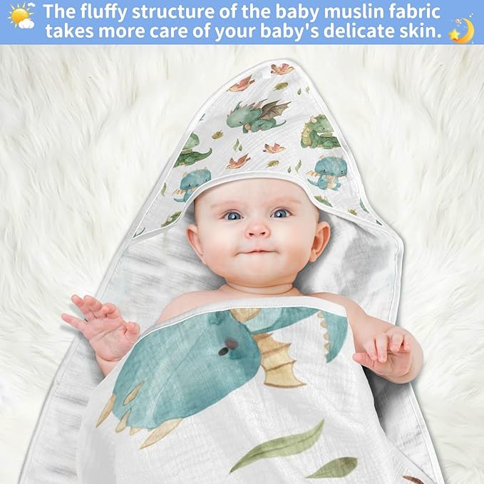 Kigai Cute Dragon Muslin Hooded Baby Towel Ultra Soft and Absorbent Bath Towel for Boy Girl Cotton Baby Bathrobe Blanket for Newborn Infant Toddler, 30x30 Inch