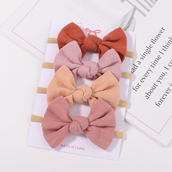 Baby Girl Linen Hair Bow Nylon Headband 12PCS, Soild Color Bow Hair Band, Handmade Head Accessories for Infant Newborn Toddlers Kids