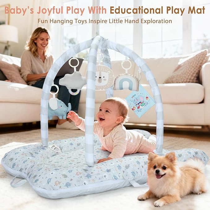 7-in-1 Baby Play Mat & Activity Gym, 0-12 Months Multi-Use Play Center with 5 Hanging Sensory Toys, Early Skill Building, Elephant