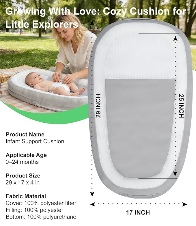 Baby Lounger, Portable Infant Support Cushions for Newborn 0-24 Months, Soft Washable Baby Nest with Thickened Support, Newborn Baby Essentials Gift for Home and Travel, Supervised Use