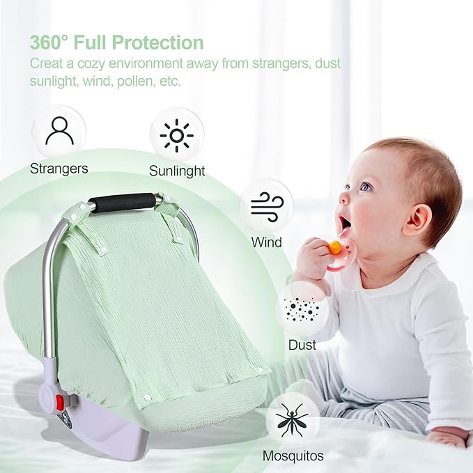 Baby Car Seat Cover for Boys Girls, Muslin Car Seat Cover for Babies with Breathable Mesh Peep Window, Lightweight Kick-Proof Infant Car Seat Canopy, Outdoor Windproof Stroller Cover (Pea Green)