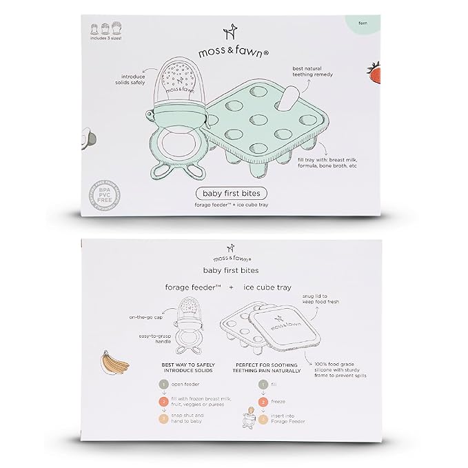 Moss and Fawn Baby's First Bites Bundle - Silicone Frozen Breast Milk Popsicle Kit with Forage Feeder & Teething Popsicle Ice Cube Tray - BPA, PVC, & Lead-Free - Fern
