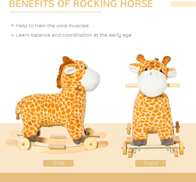 Qaba Rocking Horse, 2 in 1 Kids Ride on Horse, Rolling Giraffe Animal Rocker with Sound, Wooden Base, Pedal, Grip Handle, Plush Riding Pony for 3-6 Years Old, Yellow