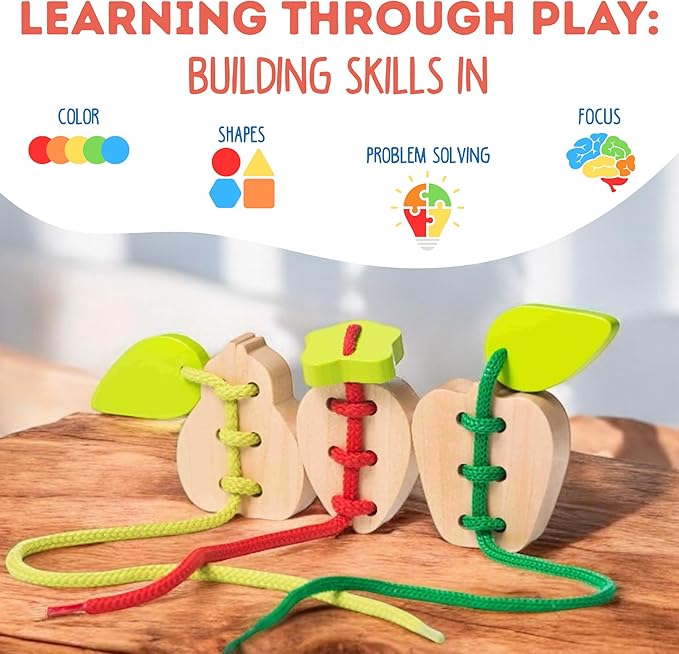 CUBIKA Wooden Lacing Fruit Set – Montessori Threading Toy for Toddlers Ages 3+ – Made from Natural Wood with Water-Based Paints – Travel-Friendly Educational Gift for Boys & Girls
