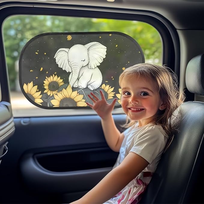 Bulopur Cute Elephant Window Shades for Car 2 Pack Sun Shade Car Window Baby Cute Design UV Protection Breathable Car Interior Automotive Fit for Most Cars, Vehicles, SUVs