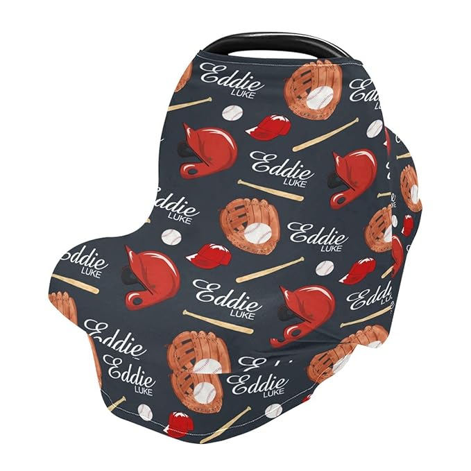 Personalized Baby Car Seat Cover for Boys, Custom Nursing Covers for Breastfeeding with Name, Baseball Blue Infant Stroller Cover, Baby Carseat Canopy for Newborn, Multiuse Car Seat Canopies