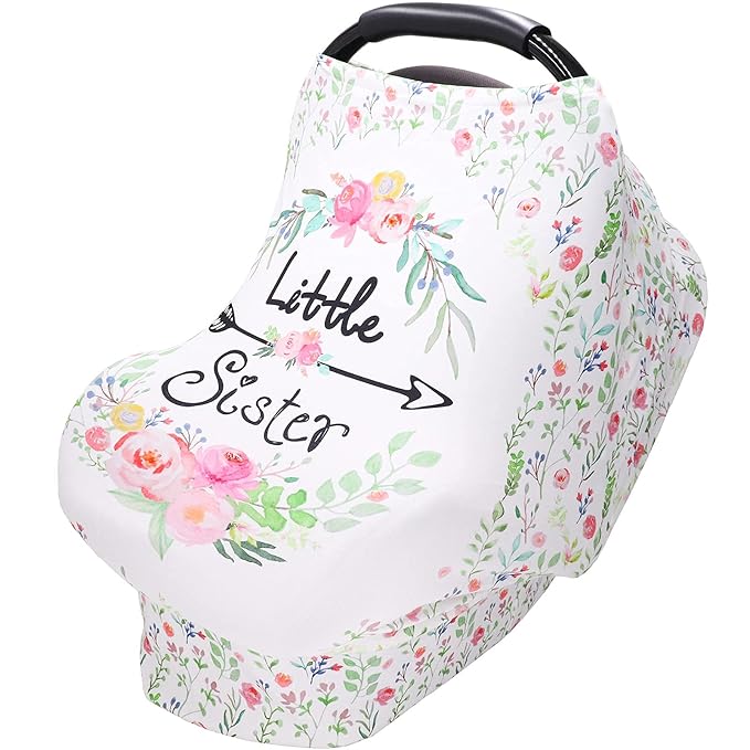 Baby Car Seat Covers Girls, Little Sister Car Seat Canopy for Infant, Multiuse Nursing Covers, Floral Theme Newborn Carrier Cover Summer, Breastfeeding Scarf, Ultra-Soft Breathable