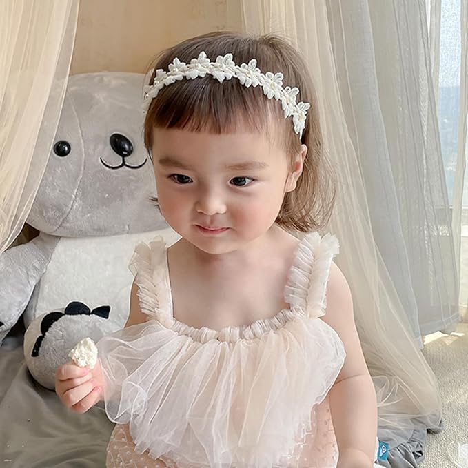 Baby Girls Hairband White Bow Lace Headbands Handmade Soft Stretchy Wide Head Band Newborn Hairbands with Bows Pearls Elastic Headband for Infant Hair Accessories（White Flower Pearls）