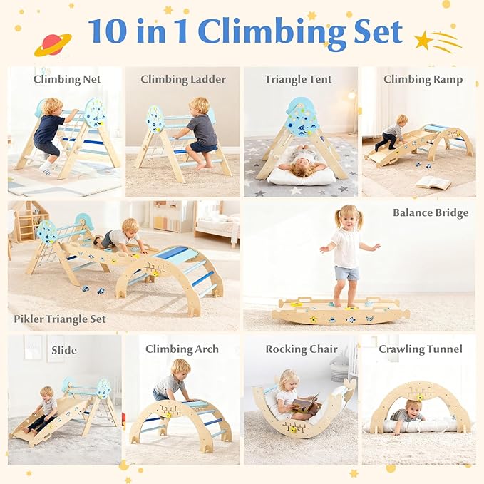 Olakids Pikler Triangle Set, 13 in 1 Astronaut Theme Foldable Wooden Montessori Toddler Climbing Toys Indoor with Cushion Ramp Arch Ladder Net