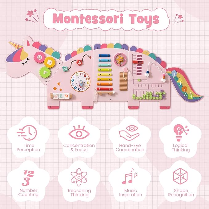 Olakids Sensory Wall, 11 in 1 Wooden Montessori Busy Board Panel Toddler Wall Mounted Activity Center Educational Toys Learning Gift for Boys Girls (Cherry Unicorn)
