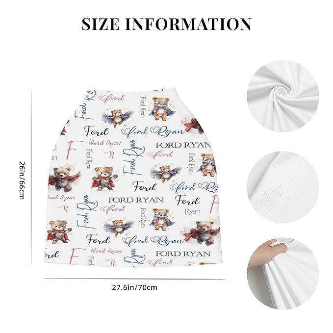Personalized Baby Car Seat Covers for Babies, Custom Bear Nursing Breastfeeding Carseat Canopy with Name, Infant Stroller Covers for Newborn Girls Boys, Breathable Carseat Cover