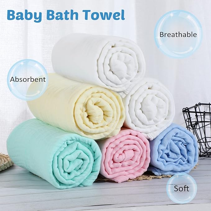Chumia 6 Pack Baby Muslin Bath Towels Set – Large 43.3x43.3 Inch 6 Layers Soft Cotton Breathable Quick Dry Swaddle Blankets for Newborns, Infants, Toddlers (Multicolor)