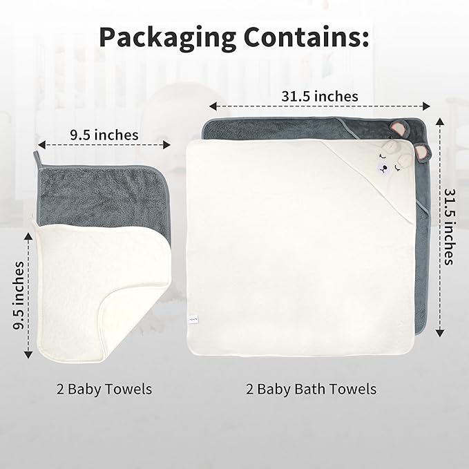 HBHLFZ 4-Pack Baby Bath Towels,Set of 2 Hooded Baby Bath Towels and 2 Baby Face Towels, Super Soft,Highly Absorbent,31.5x31.5inch,Suitable for Newborns,Toddlers and Children,Unisex（Elephant, Bear