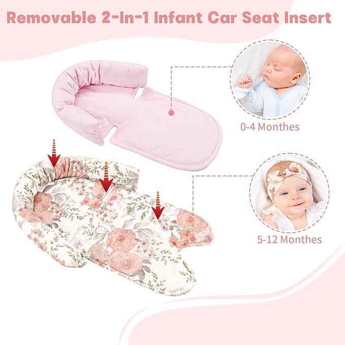 Infant Car Seat Insert, Baby Car Seat Head & Body Support with Strap Pads, Soft Newborn Preemie Carseat Insert Cushion for Girls Boys, Fits Car Seat, Stroller, Swing, Bouncer, Pink Floral