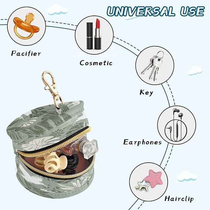 Pacifier Holder with Clip Pacifier Case for Diaper Bag Round Baby Pacifier Pouch Box Bag Portable Tropical Palm Leaves Birds Flowers