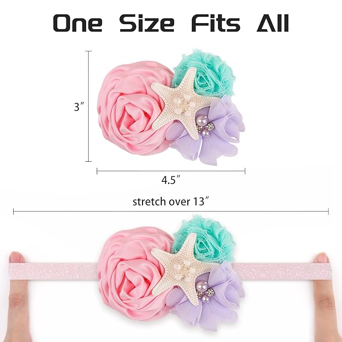 YanJie Baby Girls Mermaid Headband, Glitter Hair Clip, and Starfish Hair Bow Set - Aqua Lavender Newborn Mermaid Party Gift Accessories