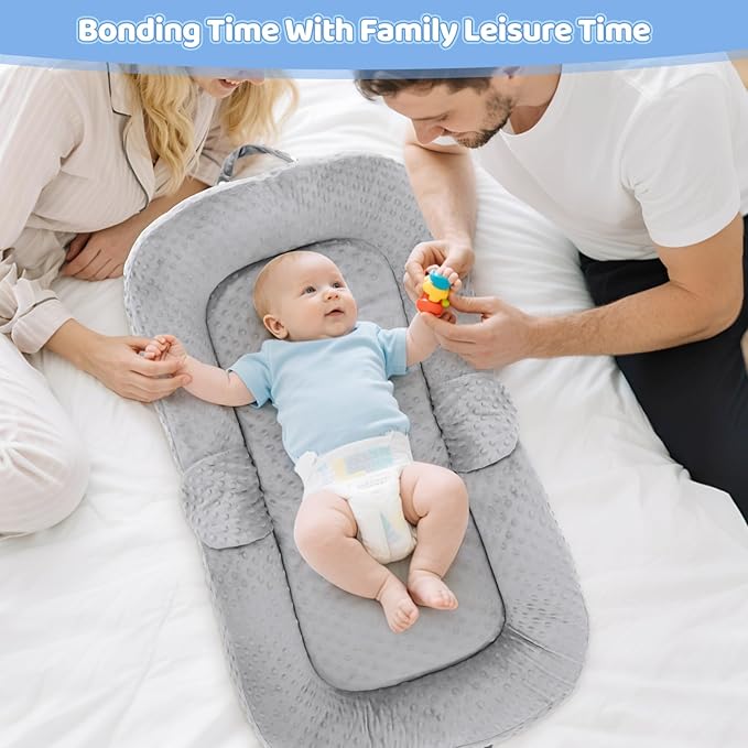 Baby Lounger for Newborn,0-12 Months,Foldable Soft Infant Lounger Pillow for Home and Travel, Baby Nest Lounger with Cover,Multi-Use Portable Baby Lounger for Supervised Play&Tummy Time, Grey