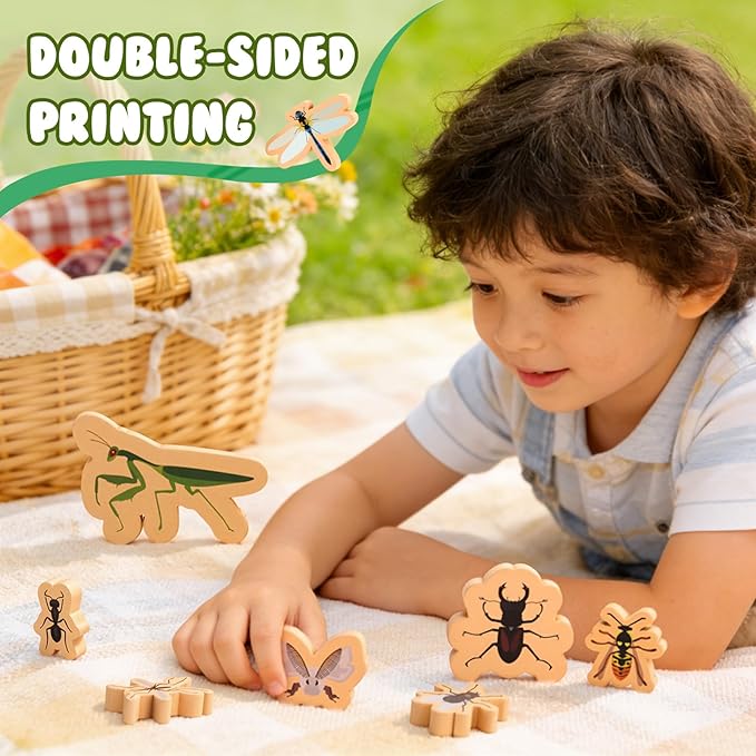 20 PCS Wood Bugs and Insect Block Toys for Kids Wooden Minibeast Blocks Natural Classroom Science Learning Toy Boys and Girls Educational Preschool Learning