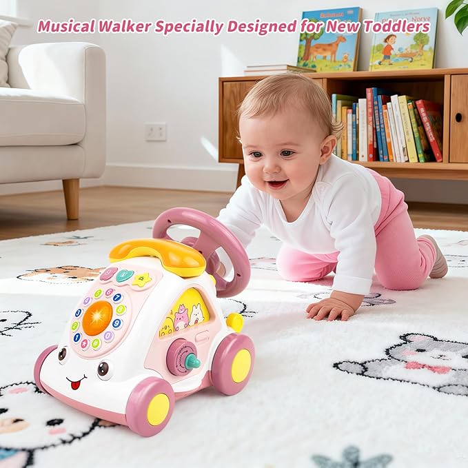 Love&Mini Baby Musical Toys for Girls - Crawling Steering Wheel Toys with Car, Telephone, Lights & Sounds - Multi-Functional Educational Gifts for 1+ Year Old Girls Birthday Xmas