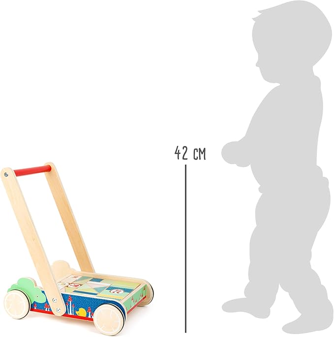 Small Foot 11435 11435Building Walker Move it, Made of Wood, with 27 Building Blocks with Prints, for Baby's First Steps Toys, Multicolored
