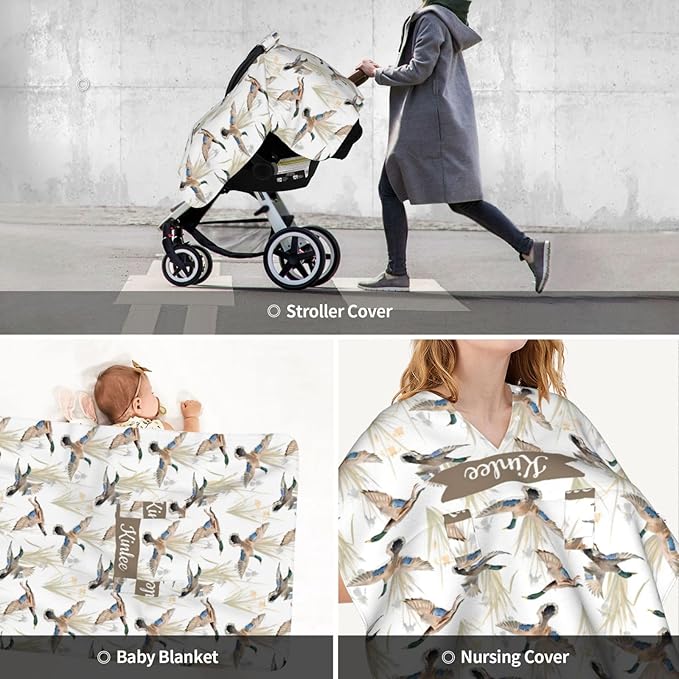 Personalized Baby Car Seat Canopy with Name – Wild Duck Theme, Custom Minky Nursing Cover for Boys & Girls, Soft Stroller Cover for Infants & Newborns, Carseat Canopy for Breastfeeding
