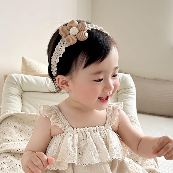 Baby Girls Hairbands Lace Flowers Headband Handmade Soft Stretchy Colorful Flower Hairband Newborn Headbands with Pearls Elastic Hairbands for Infant Head Band (Brown Flowers)
