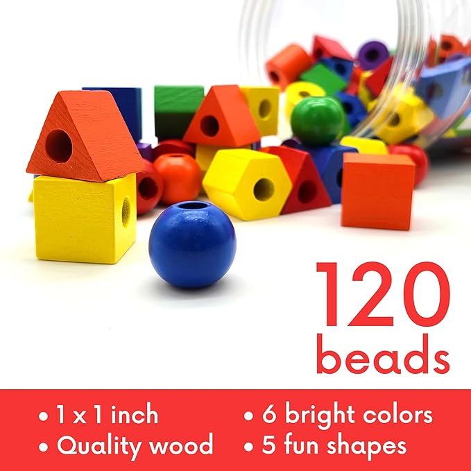 Wooden Lacing Beads for Toddlers 1-3 & 3-5 – 125 PCS with Storage Tub | Stringing Beads for Toddlers 1-3 & Fine Motor Skills Toy for Hand-Eye Coordination & Color Sorting