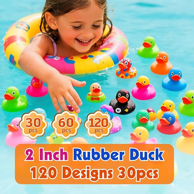 60 Pack Rubber Ducks in Bulk, Random Assortment Mini Rubber Duckies, Bulk Party Favors for Kids, Bath Toys for Toddler, Suitable for Cruise Ship & Jeeps Ducking