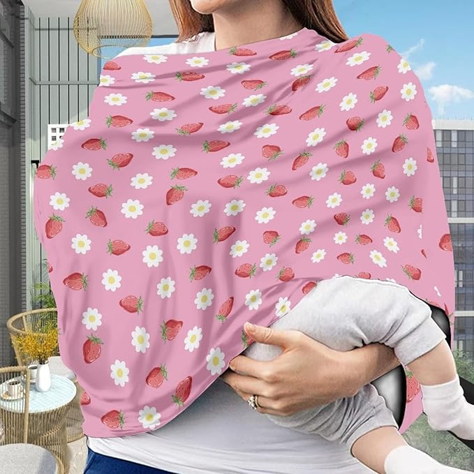AFPANQZ Strawberry Flower Nursing Cover Breastfeeding Scarf Baby Car Seat Covers for Boys Girls Infant Carseat Canopy Stretchy Soft Breathable Multi-Use Cover Up