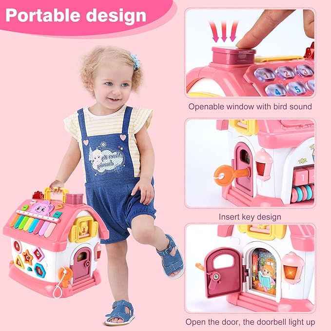 Toddler Girl Toys for 1 Year Old, Montessori Toys for 1 Year Old Girl Birthday Gift, 8 In 1 Pink Baby Musical Learning House with Sound Light Music, Creative Gifts for Baby Toys 6-12 18 Months