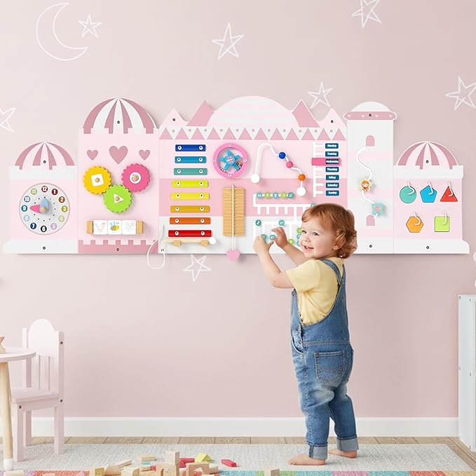 Olakids Pink Castle Sensory Wall, 11 in 1 Wooden Montessori Busy Board Panel, Toddler Wall Mounted Activity Center, Educational Toys Learning Gift for Boys Girls