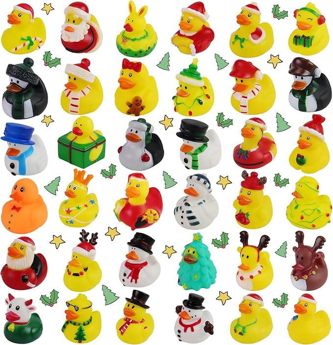 36Pcs Christmas Rubber Ducks in Bulk, 2 Inch Mini Christmas Ducks Bath Toys for Kids Boys Girls, Holiday Rubber Ducks for Jeep Ducking, Xmas Party Favors Decorations Stocking Stuffers Gifts