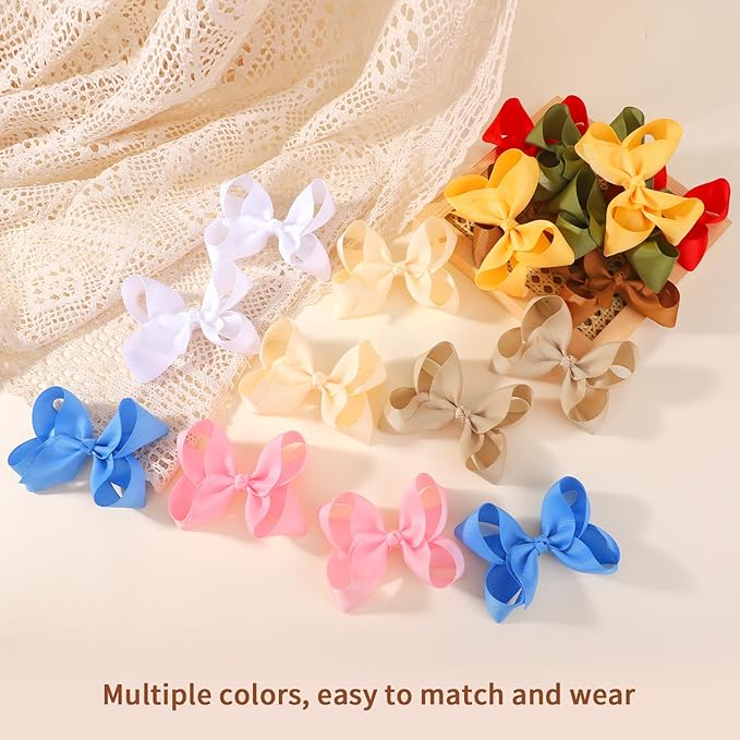 20PCS 4.5 Inch Hair Bows for Girls Grosgrain Ribbon Toddler Hair Bows Clips Alligator Hair Accessories for Baby Girls Toddlers Kids Teens (10 Colors in Pairs)