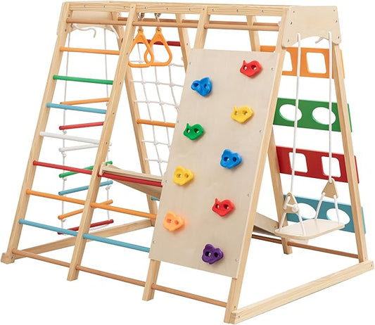 ZMAD Ladder Wall Gym & Climber – Featuring a Rock Climbing Wall, Wooden Swings, Gymnastic Rings, Rope Ladders, and Stretching Equipment for Indoor Playground for Toddlers & Children (9-in-1)