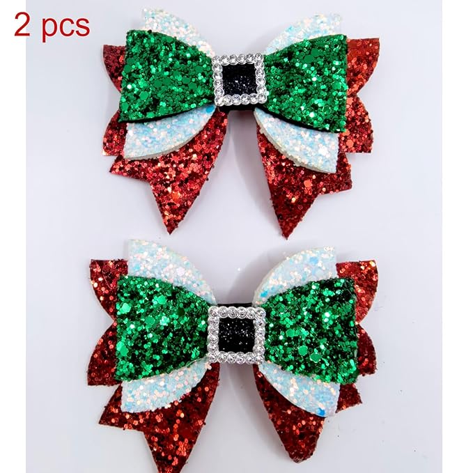 Christmas Hair Bow Clips for Girls Green & Red Bow Clip Sparkling Rhinestone Alligator Clips Festive Glitter Xmas Hair Accessories,Hair Bow Clips for Girls-2pcs