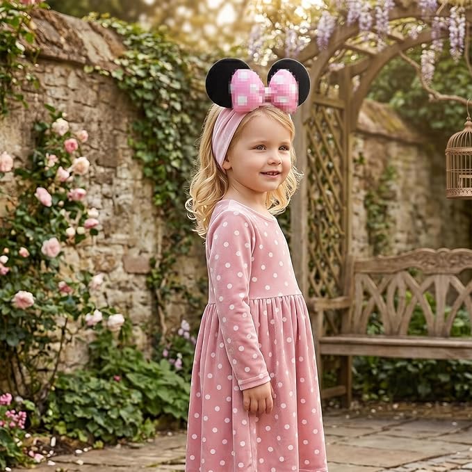 JIAHANG 3D Baby Girl Mouse Ears Turban Headwrap with Satin Polka Dot Bow, Wide Velvet Hairband, Hair Bow Headband for Infant Toddlers