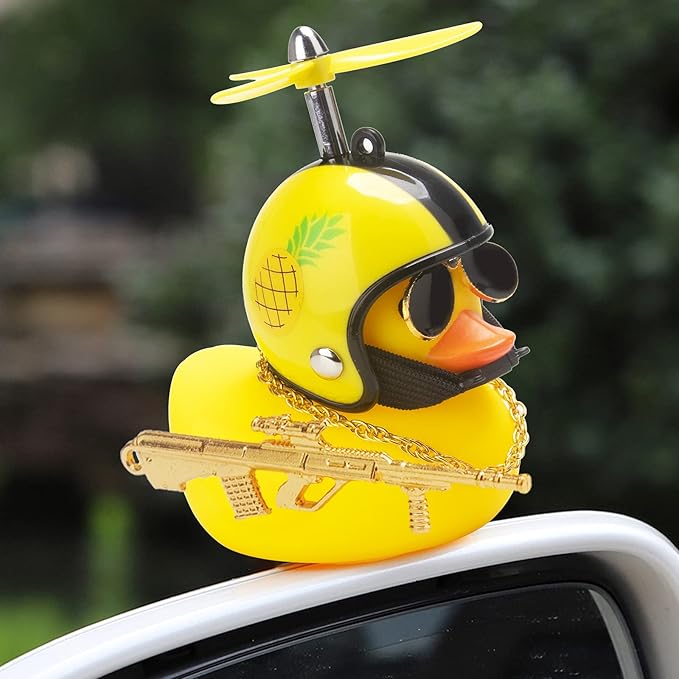 wonuu Rubber Duck Car Ornaments Cool Yellow Duck Car Dashboard Decorations Squeaky Glasses Duck with Propeller Helmet for Car ccessories Dashboard (Pineapple-Yellow G)