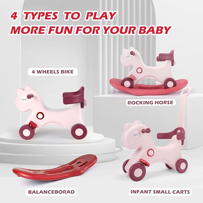 4 in 1 Rocking Horse for Toddlers 1-3 Years Old, Baby Rocking Toy Fun Birthday Gift for 1+ Girls, Ride on Toy with Detachable Balance Board and Footrest, Balance Bike with Push Handle, Pink