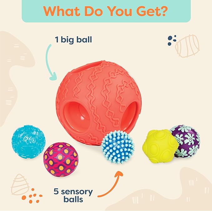 B. toys – Sensory Baby Toys Set with Textured Balls – 6 Pieces Development Set with Large Ball & 5 Small Balls with Different Textures for Tactile Stimulation & Motor Skills Development, 6+ Months