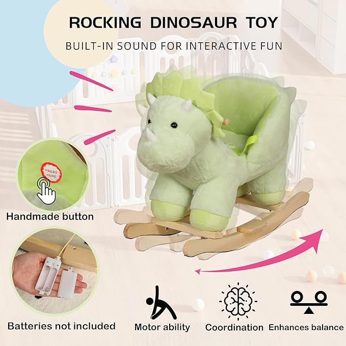 Baby Rocking Horse with Music, Plush Green Dinosaur Riding Horse for Toddlers 1-3 Years, Wooden Rocking Horse Ride-on Toy Rocking Animals for Baby Boys and Girls, Dino Rocker Christmas Birthday Gift