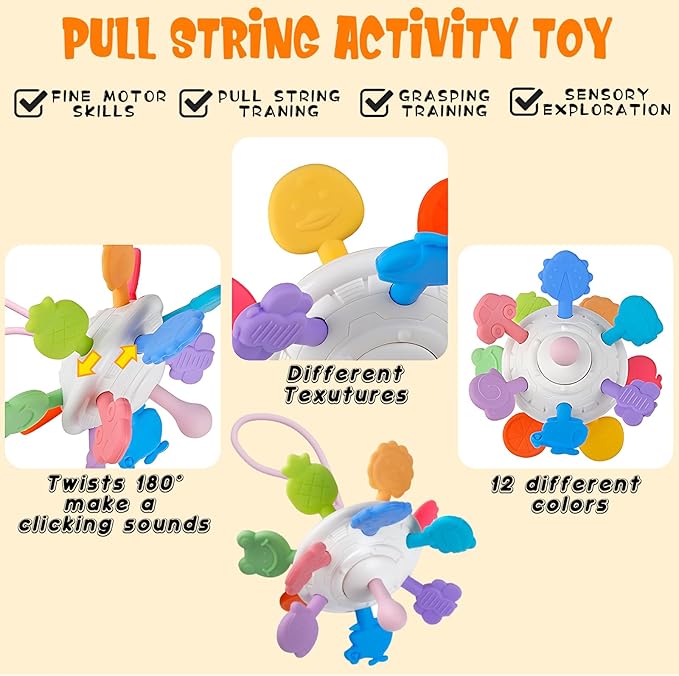 Plunack 6 in 1 Baby Toys 6 to 12 Months, Montessori Toy Infant Teething Babies Toy Stacking Blocks Rings Pull String Toy Sorter Sensory Bin
