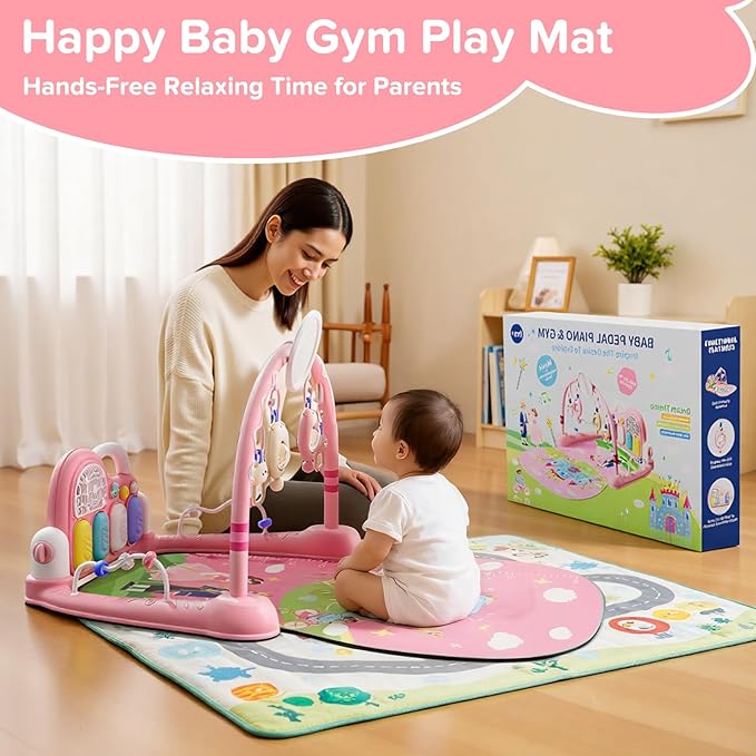 Baby Play Mat Kick and Play Piano Gym，Baby Floor Play Gym Tummy Time Mat，Baby Activity Mat with Music Lightsat and Sensory Toys Boy & Girl Gifts for Infant Newborn 0 to 3 6 9 12 Months (Pink)