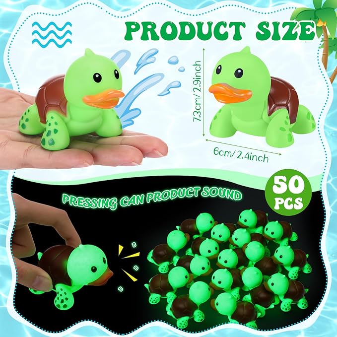 HyDren 50 Pcs Rubber Turtle Duck Glow in The Dark Cute Duck Bulk Mini Squeaky Rubber Toys Floating Bathtub Favors Gifts for Sea Carnival Valentine's Day Beach Party Decor(Green)