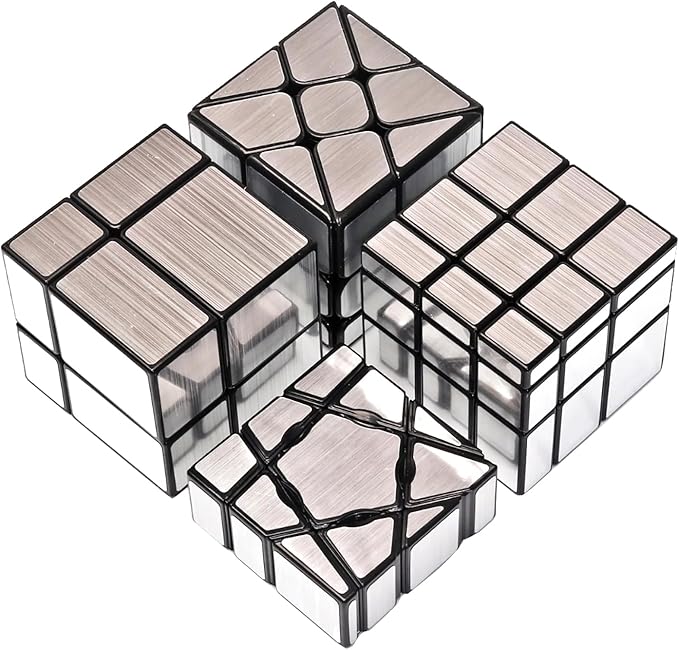 AI-YUN Mirror Cube Set, Speed Cube Set of 4 Pack, 1x3x3 Ghost Cube, 2x2 3x3 Mirror Blocks, 3x3 Windmill Cube, Brain Teasers, Puzzle Toys, Silver