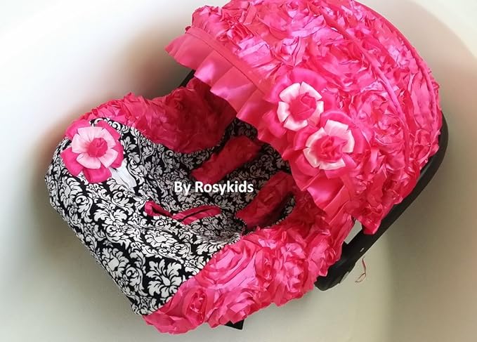 Rosy Kids Infant Carseat Canopy Cover 4pc Whole Caboodle, Baby Car Seat Cover Baby Blanket Outdoor Travelling Kit, 3D Rosette Fabric Hot Pink Damask Print