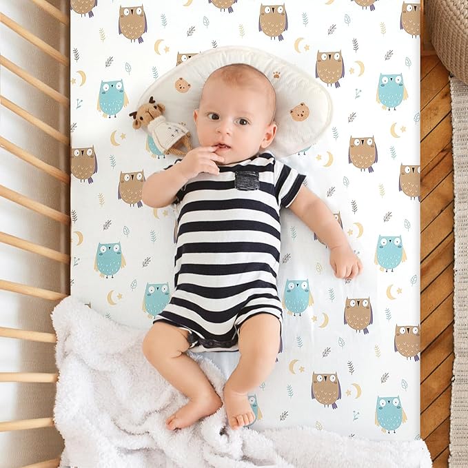 Pack n Play Fitted Sheet. 2 Piece Mini Crib Sheet. Elastic Playard Sheet. Portable Sheet Set. Elastic Convertible Playard Sheet. Compatible with Graco Pack n Play. (Owl and Tree Bag)