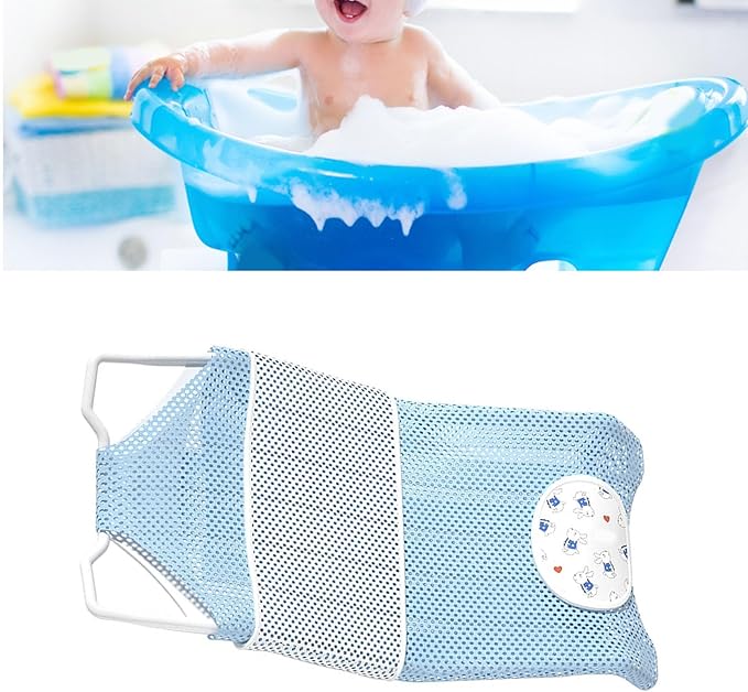 Fafeicy Baby Bath Seat Support Non Slip Mesh Cushion Portable Bath Tub Seat Net for Newborns to Toddlers (Blue, Pillow, Slip Pad)