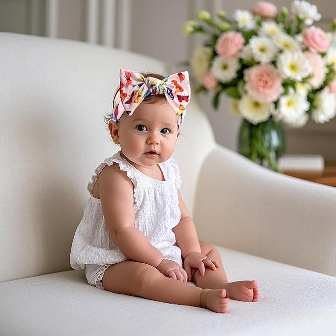 LemonSpce Handmade Baby Head wrap with Bows Stretchy Soft Infant Comfortable Baby Bow for Newborn girls and boys,Toddler-Trendy Designs,Butterfly Printed Hair Accessories