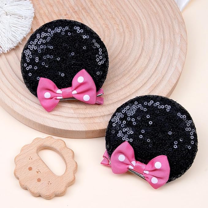 2 Pairs Pink Dot Mouse Ears Hair Clips & Mouse Hair Bows Barrettes for baby Girls Accessories Birthday Party Decorations Gift